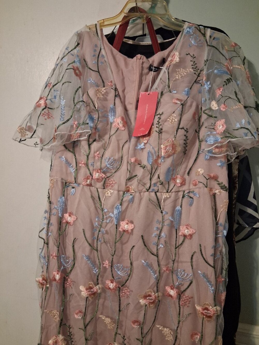 Pink flowers long short sleeve dress